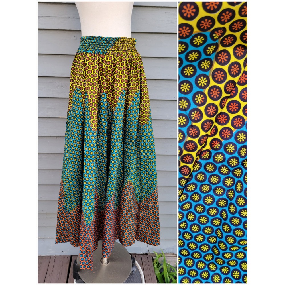 Handmade Maxi Skirt Multicolor African Wax‎ Print Geometric Floral Pockets L